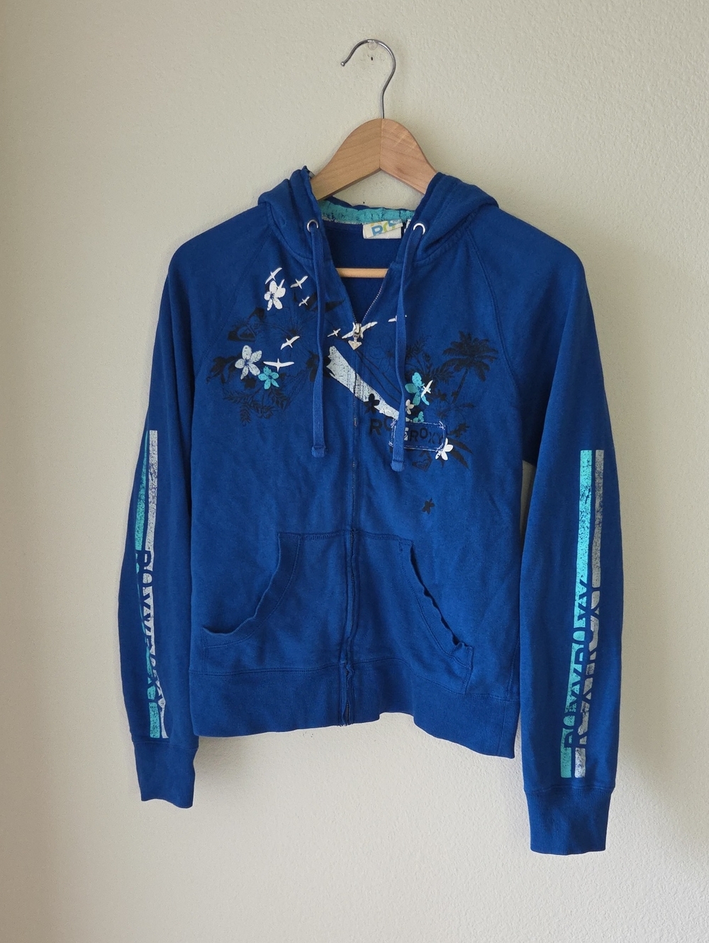 ROXY Vintage Y2K Blue Zip Hoodie Grunge Skater Surfer Streetwear Sz M/L Cotton